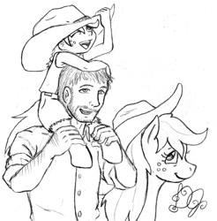 Size: 1478x1500 | Tagged: safe, artist:dj-black-n-white, applejack, oc, oc:anon, oc:cinnamon cider, human, satyr, carrying, daughter, family, father, father's day, hat, husband, monochrome, mother, parent:applejack, riding, wife