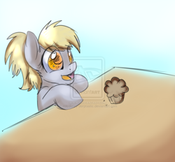 Size: 1024x951 | Tagged: dead source, safe, artist:rflzqt, derpy hooves, pegasus, pony, cute, deviantart watermark, female, filly, muffin, obtrusive watermark, solo, table, watermark