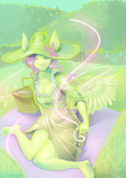 Size: 2507x3541 | Tagged: safe, artist:chung-sae, fluttershy, anthro, plantigrade anthro, ambiguous facial structure, barefoot, clothes, feet, hat, picnic, solo, trail