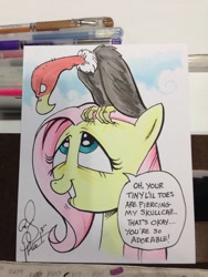 Size: 768x1024 | Tagged: safe, artist:andypriceart, fluttershy, bird, pegasus, pony, animal, ouch, speech bubble, traditional art, vulture