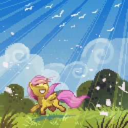 Size: 720x720 | Tagged: safe, artist:cmaggot, fluttershy, pegasus, pony, crepuscular rays, cute, grass, happy, outdoors, pixel art, shyabetes, solo, sunlight