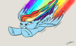 Size: 1280x768 | Tagged: safe, artist:rutkotka, derpibooru import, rainbow dash, pegasus, pony, female, flying, mare, rainbow trail, simple background, solo, underhoof