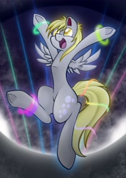 Size: 2480x3508 | Tagged: safe, artist:technicolor-confetti, derpy hooves, pegasus, pony, female, glow rings, glowstick, mare, rave, solo, underhoof