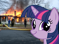 Size: 1024x768 | Tagged: safe, derpibooru import, edit, twilight sparkle, crossing the memes, disaster girl, exploitable meme, fire, meme, memeception, twiface