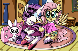 Size: 1274x845 | Tagged: safe, artist:daniel-sg, angel bunny, fluttershy, rarity, pegasus, pony, unicorn, clothes, pajamas, sleepover, slippers