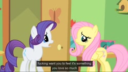 Size: 1023x576 | Tagged: safe, screencap, fluttershy, rarity, pegasus, pony, unicorn, green isn't your color, meme, vulgar, youtube caption