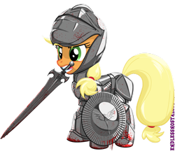Size: 800x690 | Tagged: safe, artist:endlessnostalgia, applejack, earth pony, pony, armor, bioware, blood, dragon age, fantasy class, knight, mouth hold, pony age, simple background, solo, sword, transparent background, warrior, weapon