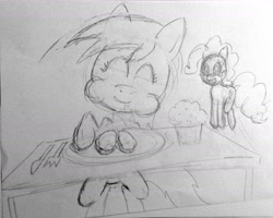 Size: 2203x1760 | Tagged: safe, artist:infinitydash, derpy hooves, pinkie pie, pegasus, pony, baked potato, dinner, female, livestream, mare, monochrome, muffin, pencil drawing, sketch, traditional art