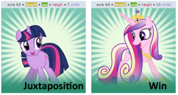 Size: 528x280 | Tagged: safe, derpibooru import, princess cadance, twilight sparkle, alicorn, pony, derpibooru, exploitable meme, juxtaposition, juxtaposition win, spoilered image joke, sunshine sunshine