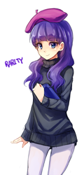 Size: 529x1102 | Tagged: safe, artist:megarexetera, rarity, human, beatnik rarity, beret, clothes, hat, humanized, solo, sweater