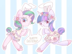 Size: 1276x957 | Tagged: safe, artist:1drfl_world_end, starlight glimmer, twilight sparkle, pony, unicorn, bunny ears, clothes, dress, duo, easter, female, floral head wreath, flower, flower in hair, holiday, mare, one eye closed, wink