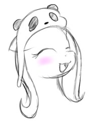 Size: 296x390 | Tagged: safe, artist:silver1kunai, fluttershy, panda, pegasus, pony, :3, blushing, cute, eyes closed, female, floppy ears, hat, mare, open mouth, panda hat, shyabetes, simple background, sketch, smiling, solo, white background