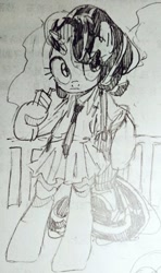 Size: 608x1024 | Tagged: safe, artist:wagomu_pegasisu, starlight glimmer, pony, unicorn, bag, clothes, cute, female, mare, monochrome, necktie, pleated skirt, school uniform, skirt, solo, traditional art