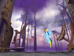 Size: 800x600 | Tagged: safe, artist:tawaki, artist:uxyd, derpibooru import, edit, rainbow dash, pegasus, pony, crossover, flet, flying, kadish tolesa, myst, reality ensues, ruins, tree, uru