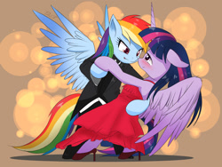 Size: 1600x1200 | Tagged: safe, artist:phoenixperegrine, derpibooru import, rainbow dash, twilight sparkle, twilight sparkle (alicorn), alicorn, pegasus, pony, 1 hour drawing, bipedal, blushing, clothes, colored pupils, dress, female, floppy ears, lesbian, looking at each other, mare, red dress, red eyes, shipping, smiling, tango, twidash