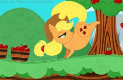 Size: 877x568 | Tagged: safe, artist:kabukikatze, applejack, earth pony, pony, apple, applebucking, solo, tree