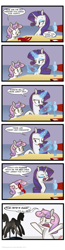 Size: 993x3833 | Tagged: safe, artist:lolepopenon, rarity, sweetie belle, pony, unicorn, for whom the sweetie belle toils, comic, magic, project runway, ribbon, scene interpretation, scene parody