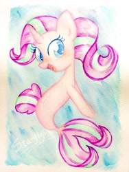 Size: 1536x2048 | Tagged: safe, artist:1drfl_world_end, starlight glimmer, seapony (g4), happy, head turn, looking at you, looking sideways, open mouth, seaponified, seapony starlight glimmer, smiling, solo, species swap, traditional art, watercolor painting