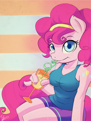 Size: 600x800 | Tagged: safe, artist:badtyke, pinkie pie, anthro, clothes, drink, glass, lemonade, sexy, shorts, sitting, solo, straw, sweat, tanktop