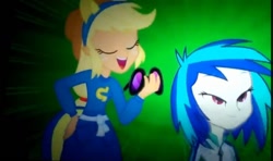 Size: 1028x608 | Tagged: safe, screencap, applejack, dj pon-3, vinyl scratch, equestria girls, equestria girls (movie)