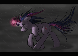 Size: 1024x738 | Tagged: safe, artist:smileyboxaloo, derpibooru import, twilight sparkle, eyes closed, glowing horn, night, rain, struggling, wind, windswept mane