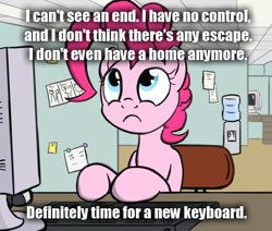 Size: 650x550 | Tagged: safe, artist:flavinbagel, pinkie pie, earth pony, pony, bait and switch, broken keyboard, computer, inverted mouth, meme, office, office pinkie, pun, solo