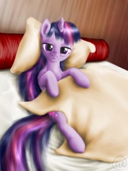 Size: 768x1024 | Tagged: safe, artist:wwrite, derpibooru import, twilight sparkle, bed, cute, morning ponies, pillow, solo