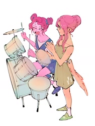 Size: 778x1027 | Tagged: safe, artist:dusty-munji, fluttershy, pinkie pie, human, equestria girls, butt wings, clothes, dress, drum kit, drumming, drums, drumsticks, humanized, musical instrument, simple background, tambourine, white background, winged humanization, wings