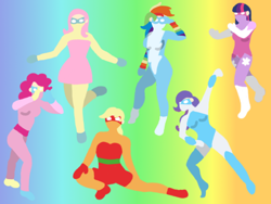 Size: 1024x768 | Tagged: safe, artist:poisonedpirate, derpibooru import, applejack, fluttershy, pinkie pie, rainbow dash, rarity, twilight sparkle, human, female, gradient background, humanized, lineless, mane six, rainbow background, superhero