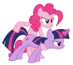 Size: 6500x5750 | Tagged: safe, artist:lzw-adzel, derpibooru import, pinkie pie, twilight sparkle, earth pony, pony, unicorn, absurd resolution, behaving like a weapon, glowing horn, simple background, transparent background, twigun, vector