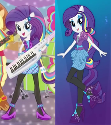 Size: 548x616 | Tagged: safe, rarity, equestria girls, rainbow rocks, shake your tail, alternative cutie mark placement, clothes, comparison, facial cutie mark, high heels, keytar, musical instrument, ponied up, rainbow, rock, skirt, stockings