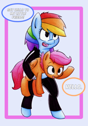 Size: 1750x2500 | Tagged: safe, artist:mustachedbain, derpibooru import, rainbow dash, scootaloo, pegasus, pony, bipedal, clothes, colored pencil drawing, cute, cutealoo, dashabetes, dialogue, duo, female, filly, mare, parody, pun, say hello to my little friend, scarface, smiling, speech bubble, traditional art