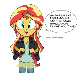 Size: 1785x1686 | Tagged: safe, artist:zharkaer, sunset shimmer, human, equestria girls, blushing, cute, descriptive noise, dialogue, horse noises, humans doing horse things, implied anon, looking at you, shimmerbetes, simple background, solo, speech bubble, talking to viewer, transparent background, valentine's day, waifu