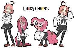 Size: 992x635 | Tagged: safe, artist:umeguru, pinkie pie, earth pony, pony, cosplay, crossover, duality, kogami akira, lucky star, pinkamena diane pie, pixiv