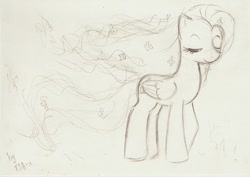 Size: 800x566 | Tagged: safe, artist:antych, fluttershy, pegasus, pony, monochrome, sketch, traditional art, windswept mane