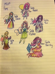 Size: 2736x3648 | Tagged: safe, artist:badromance123, derpibooru import, applejack, fluttershy, pinkie pie, rainbow dash, rarity, twilight sparkle, human, clothes, dress, gala dress, humanized, lined paper, mane six, traditional art