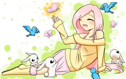 Size: 1078x678 | Tagged: safe, artist:ninitheweenie, fluttershy, bird, butterfly, human, rabbit, abstract background, animal, clothes, cute, eyes closed, female, humanized, off shoulder, open mouth, shyabetes, sitting, skirt, solo, sweater, sweatershy