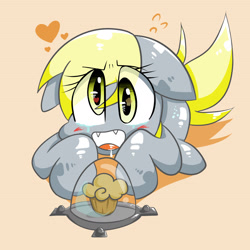 Size: 2400x2400 | Tagged: safe, artist:joycall6, derpy hooves, pegasus, pony, container, crying, female, heart, mare, muffin, solo