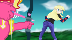 Size: 8140x4595 | Tagged: safe, artist:remcmaximus, sunset shimmer, oc, oc:cassandra, equestria girls, absurd resolution, angry, arrow, ass, bow (weapon), bow and arrow, clothes, cupid, equestria girls-ified, pants, this will end in pain, valentine's day, weapon