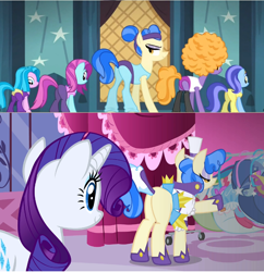 Size: 762x786 | Tagged: safe, edit, edited screencap, screencap, blue cutie, foxxy trot, rarity, sapphire shores, pony, unicorn, a dog and pony show, for whom the sweetie belle toils, comic, comparison, eyes on the prize, female, leotard, mare, plot, screencap comic
