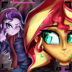 Size: 3000x3000 | Tagged: safe, artist:katakiuchi4u, starlight glimmer, sunset shimmer, equestria girls, beanie, camera shot, clothes, female, hat, jacket, leather jacket, lesbian, one eye closed, pants, patreon, patreon logo, peace sign, scarf, selfie, shimmerglimmer, shipping, smiling, wink