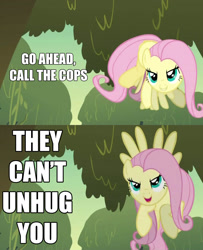 Size: 1428x1760 | Tagged: safe, screencap, fluttershy, pegasus, pony, bronybait, call the cops, caption, evil grin, grin, hape, imma snuggle you, imminent hape, implied hugging, incoming hug, pure unfiltered evil, text, this will end in jail time, yandere