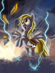 Size: 778x1027 | Tagged: safe, artist:semajz, derpy hooves, pegasus, pony, epic derpy, female, fire, letter, lightning, mail, mailbag, mare, solo, this will end in tears, thunderstorm