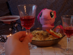 Size: 800x600 | Tagged: safe, pinkie pie, earth pony, pony, background pony strikes again, candle, dinner, forever alone, lonely, meme, photo, romantic, ronery, soup, waifu, waifu dinner, weird