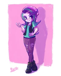 Size: 821x1024 | Tagged: safe, artist:yukinkoacf, starlight glimmer, human, equestria girls, beanie, boasting, hat, smiling, solo, standing