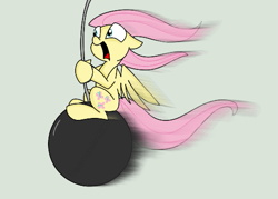 Size: 517x370 | Tagged: safe, artist:papermonster2000, fluttershy, pegasus, pony, miley cyrus, riding, solo, wrecking ball