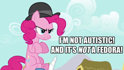 Size: 1280x720 | Tagged: safe, screencap, pinkie pie, earth pony, pony, autism, bowler hat, caption, hat, image macro, text