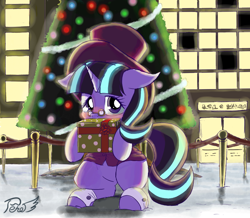 Size: 862x751 | Tagged: safe, artist:phoenixperegrine, snowfall frost, starlight glimmer, pony, unicorn, christmas, christmas tree, clothes, cute, female, glasses, glimmerbetes, hat, holiday, mare, present, snow, solo, tree