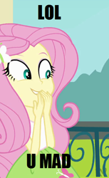 Size: 386x632 | Tagged: safe, fluttershy, equestria girls, clothes, female, image macro, pink hair, solo, yellow skin