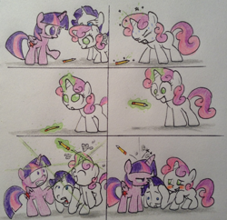 Size: 1826x1768 | Tagged: safe, artist:mrhaliboot, derpibooru import, rarity, sweetie belle, twilight sparkle, twilight sparkle (alicorn), alicorn, pony, unicorn, comic, female, mare, pencil, pencil drawing, traditional art